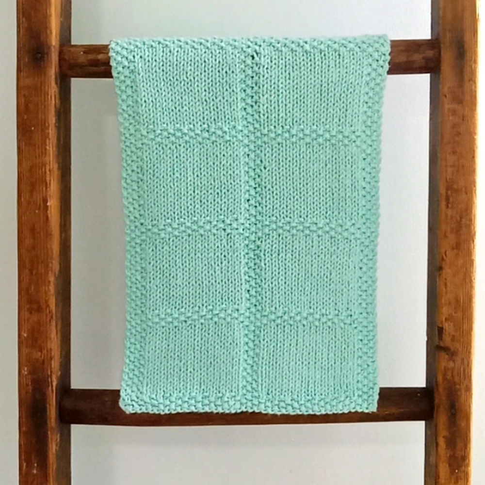 Handmade Handknit Aqua Blue Textured Windowpane Pattern Cotton Hand Towel